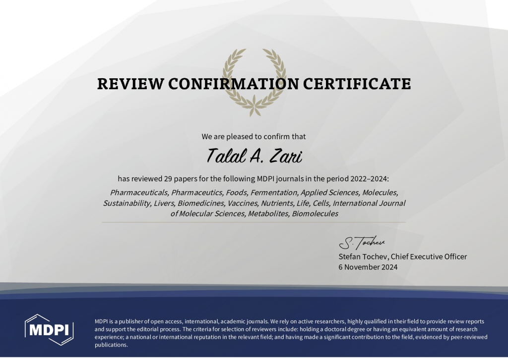 شهادة تحكيم للبروفيسور طلال زارع 6/11/2024 Review Certificate for Prof Talal Zari